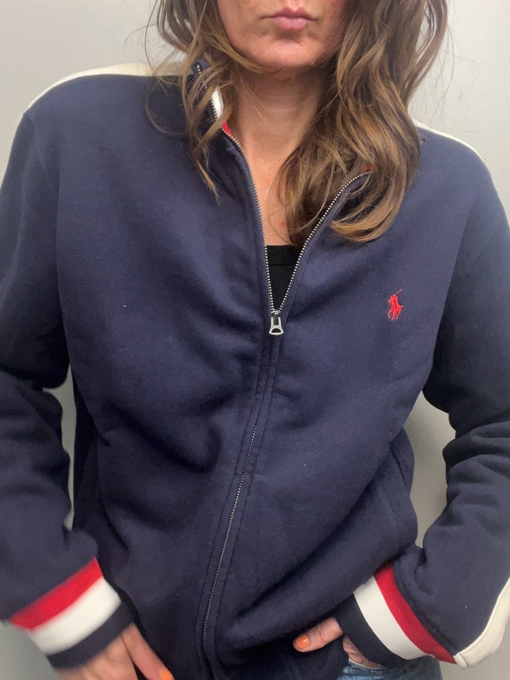 Polo Ralph Lauren Navy Track Jacket with Cream Sleeve Stripes – Size L